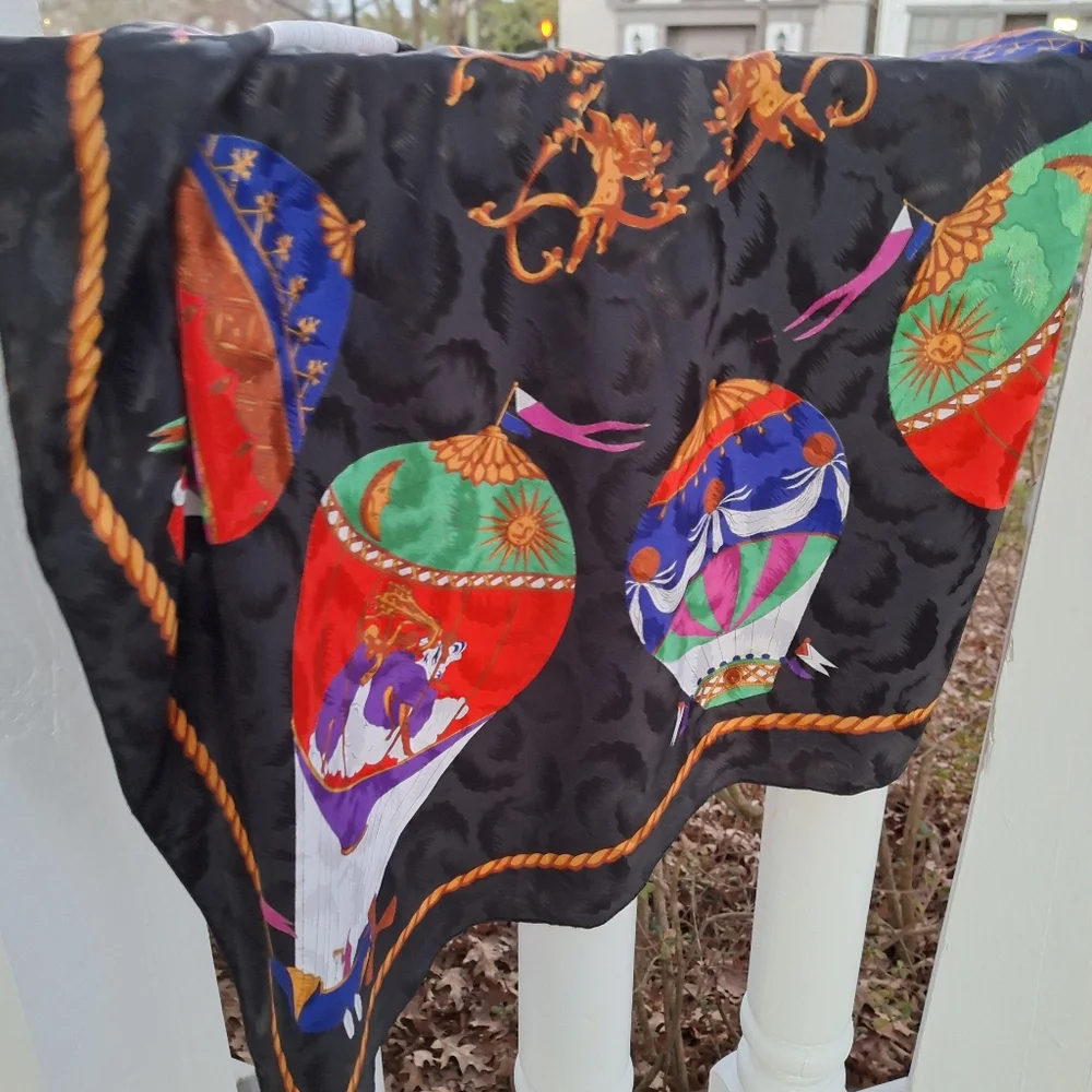 Hot Air Balloon Scarf Vintage Large Bright Colors Wrap Silky Classic Retro - Picture 3 of 16